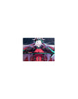 Classic anime girl mouse pad 14x10 inches with white-haired fighter, crimson suit, neon circuits, grid.