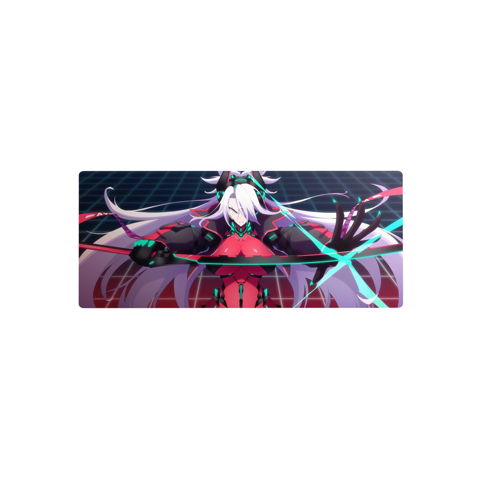 28x12 inches anime girl mouse pad with white-haired fighter, crimson bodysuit, neon teal circuits, grid.