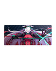 28x12 inches anime girl mouse pad with white-haired fighter, crimson bodysuit, neon teal circuits, grid.