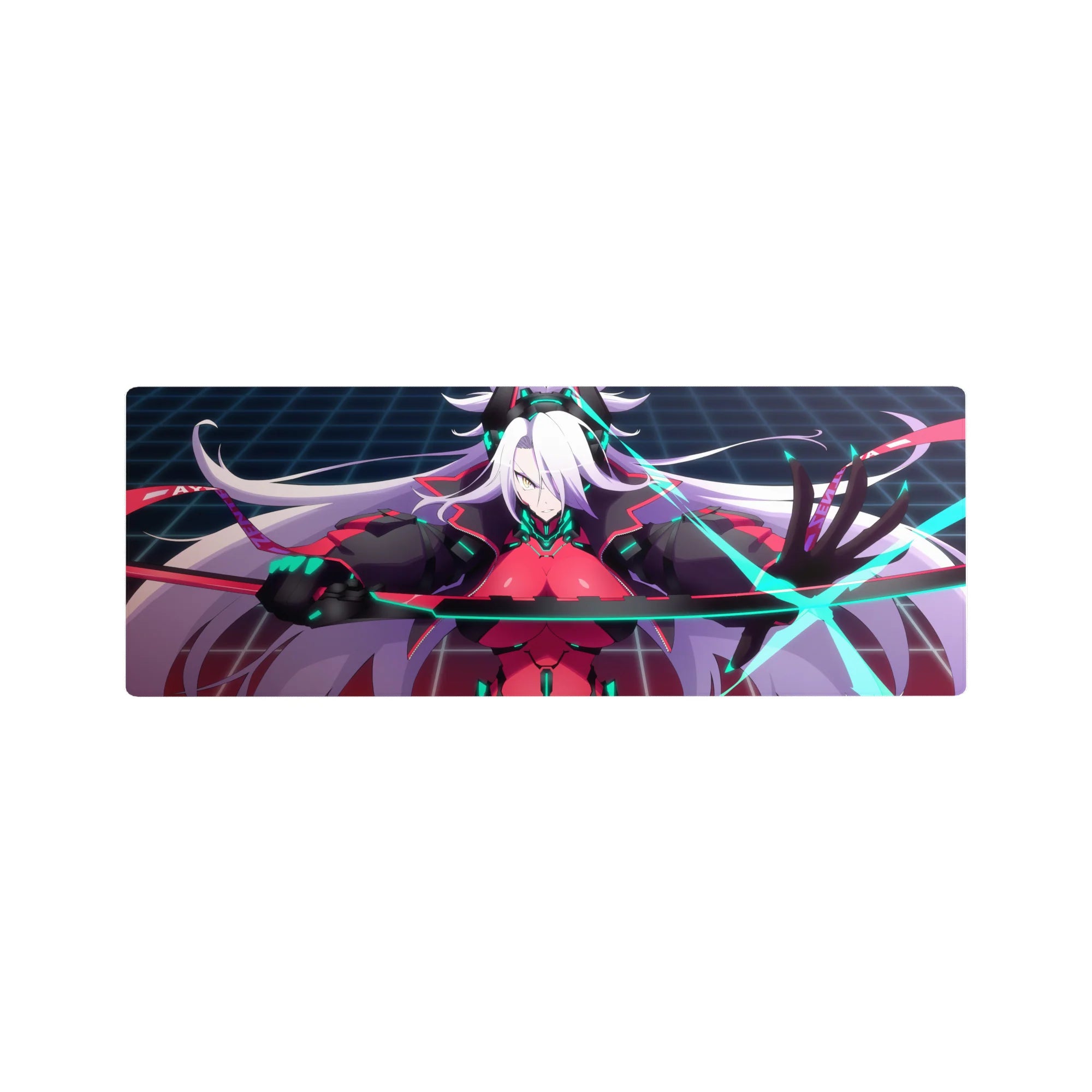 Anime girl mouse pad 32x12 inches with white-haired fighter, crimson suit, black armor, neon teal grid.