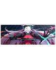 Anime girl mouse pad 32x12 inches with white-haired fighter, crimson suit, black armor, neon teal grid.