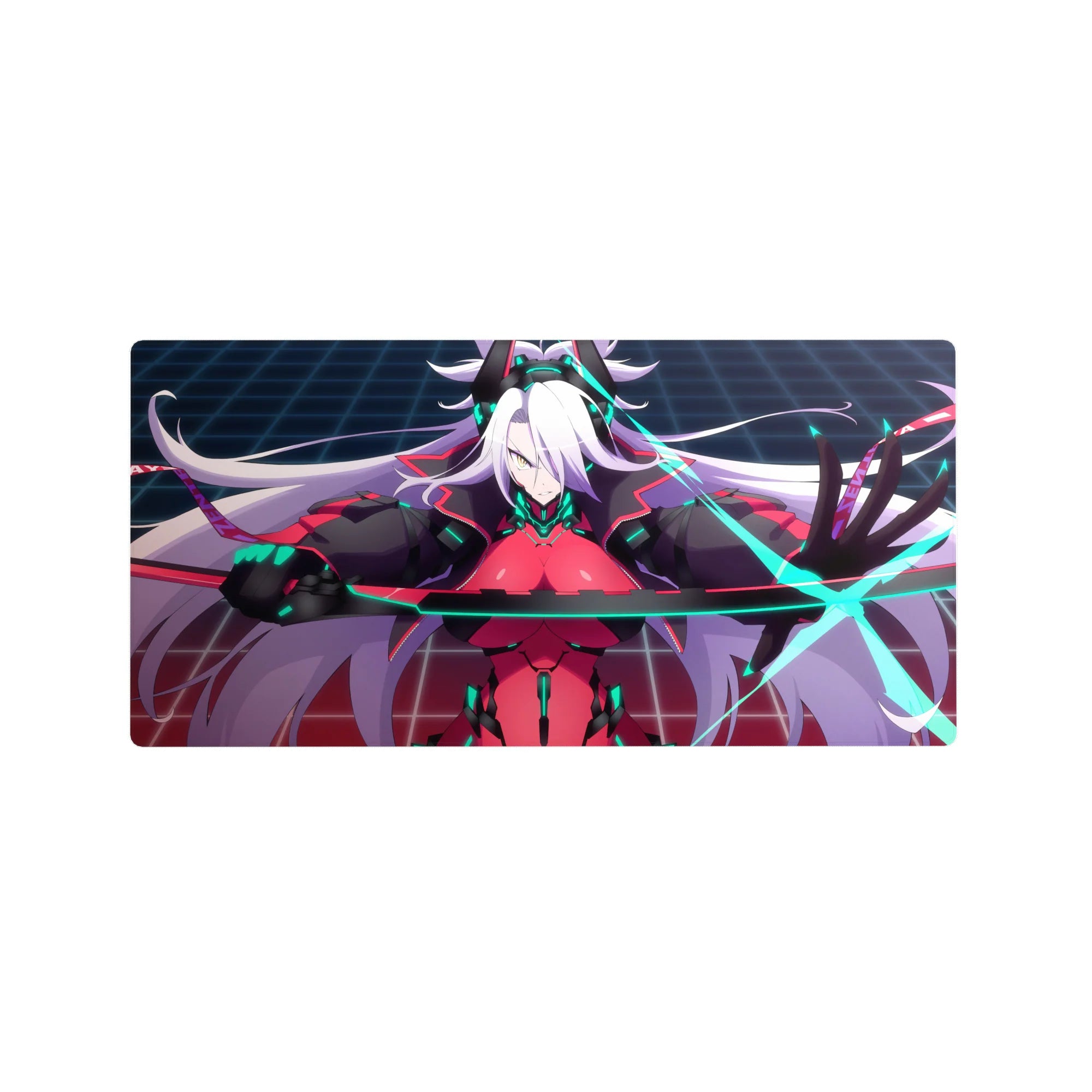 32x16 inches anime girl mouse pad with white-haired fighter, crimson bodysuit, neon circuits, grid backdrop.
