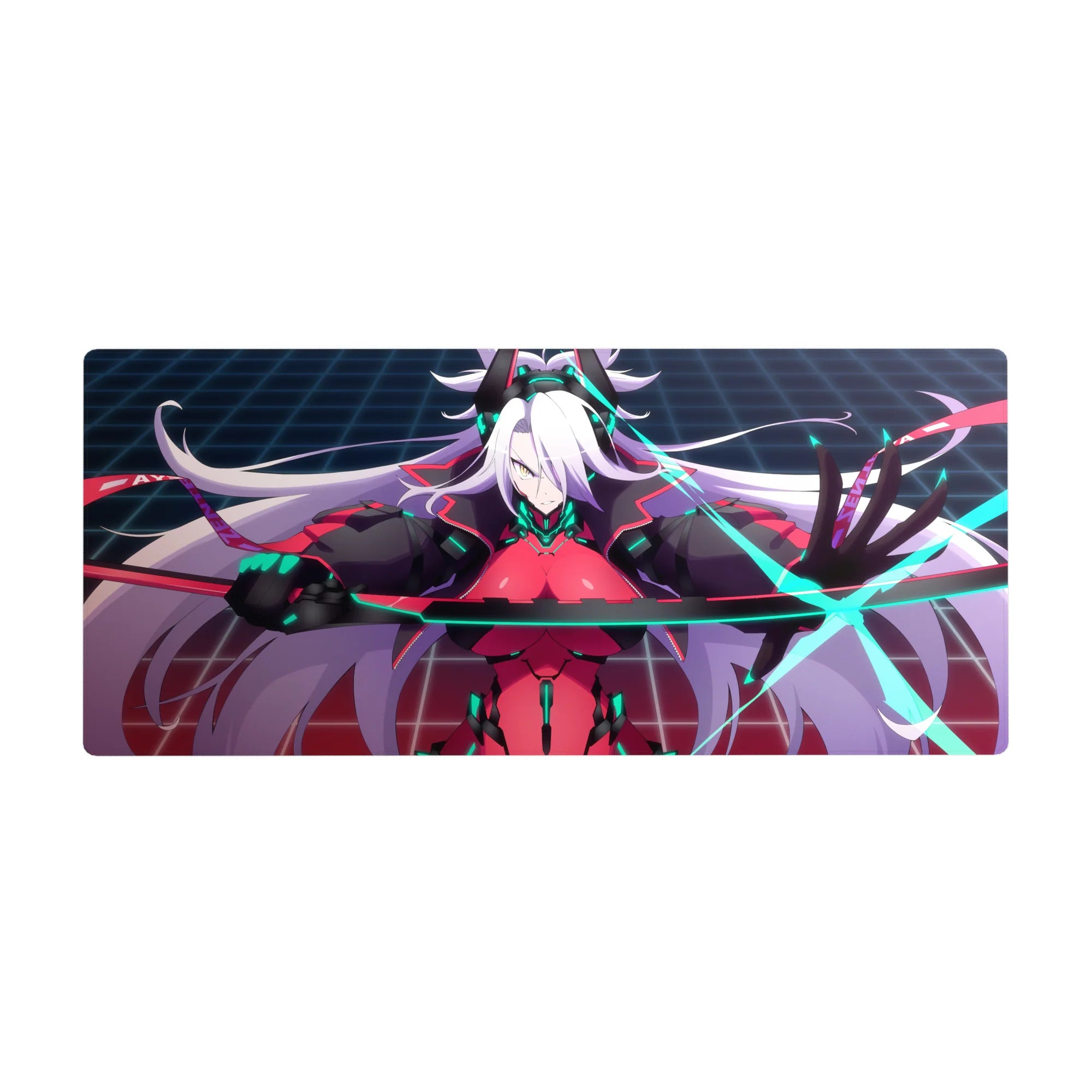 36x16 inches anime girl desk pad with white-haired fighter, crimson bodysuit, neon circuits, retro grid.