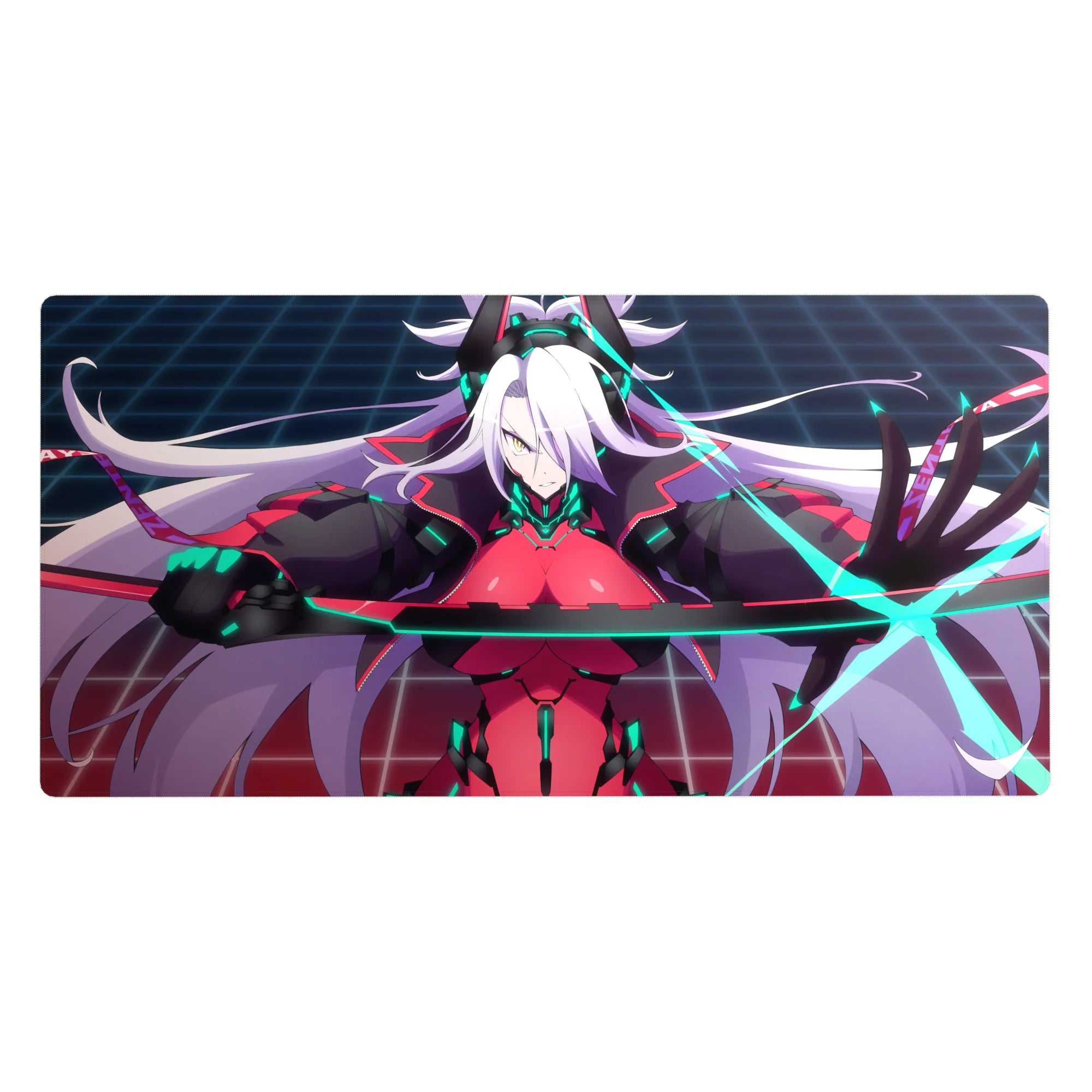 Anime girl desk pad 40x20 inches with white-haired fighter, crimson bodysuit, neon circuits, grid.