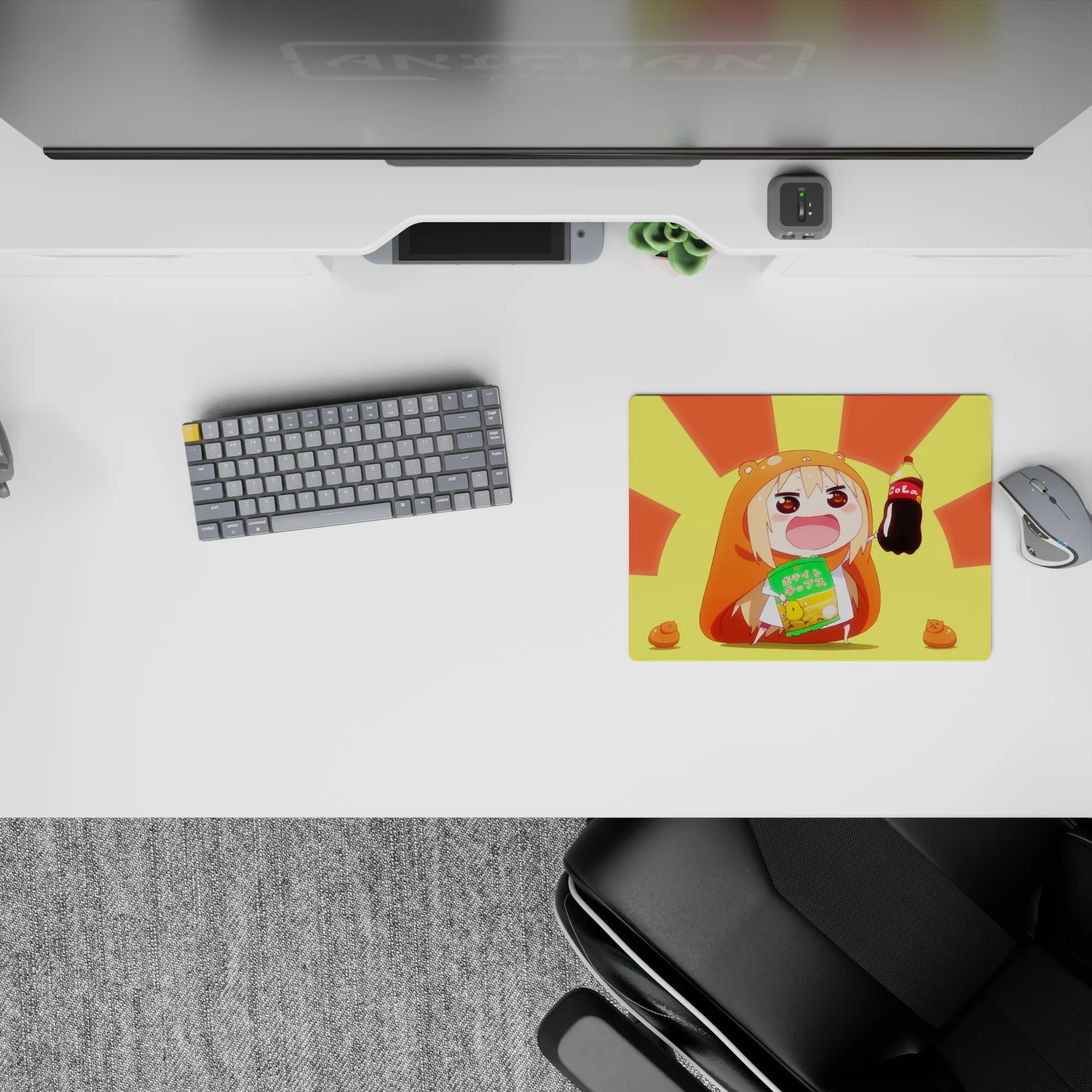 Bright yellow-orange sunburst anime girl mouse pad 14x10 inches, cheerful vibe for gaming desks.
