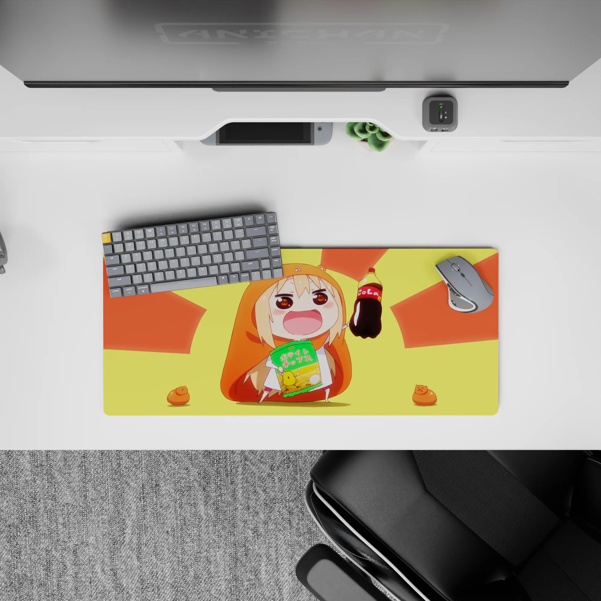 28x12 inches anime girl mouse pad in sunburst yellow and orange, warm glow, happy gaming desk vibe.