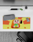 28x12 inches anime girl mouse pad in sunburst yellow and orange, warm glow, happy gaming desk vibe.
