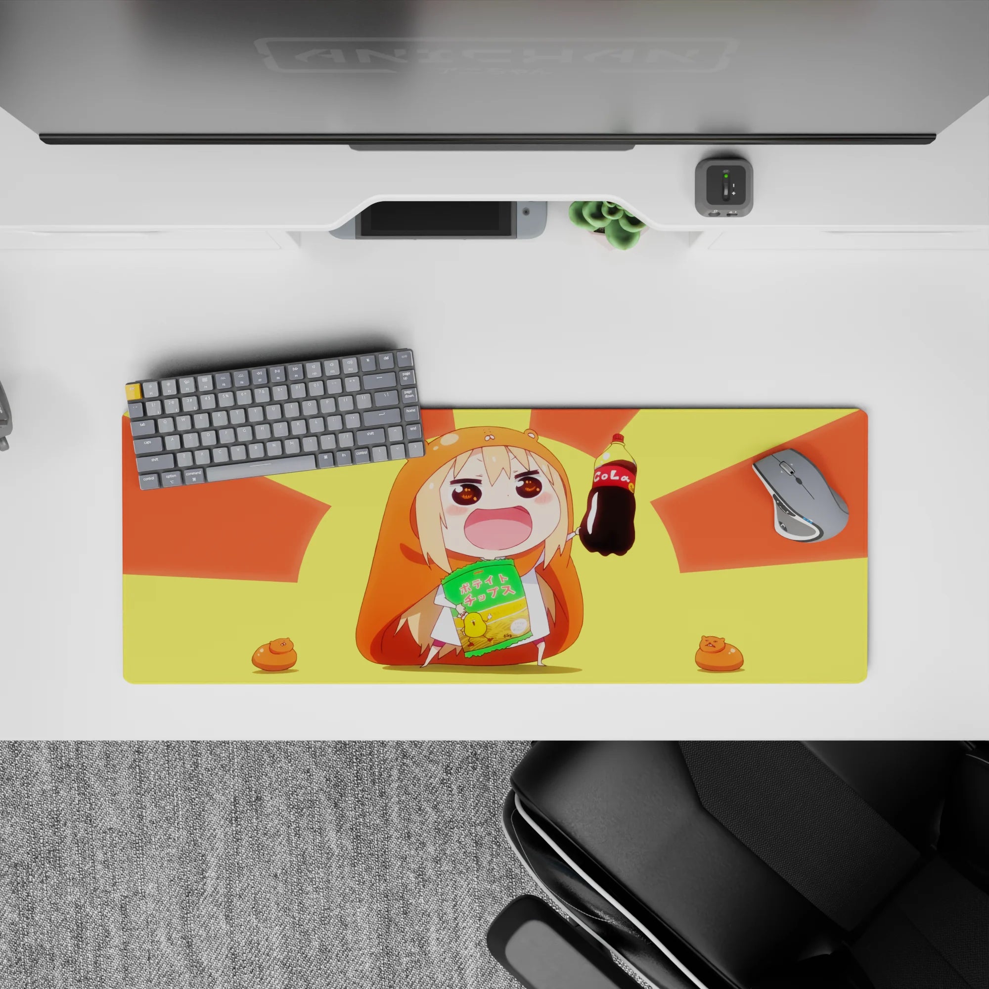 32x12 inches anime girl mouse pad in bright yellows and punchy oranges, cheerful snack-time vibe.