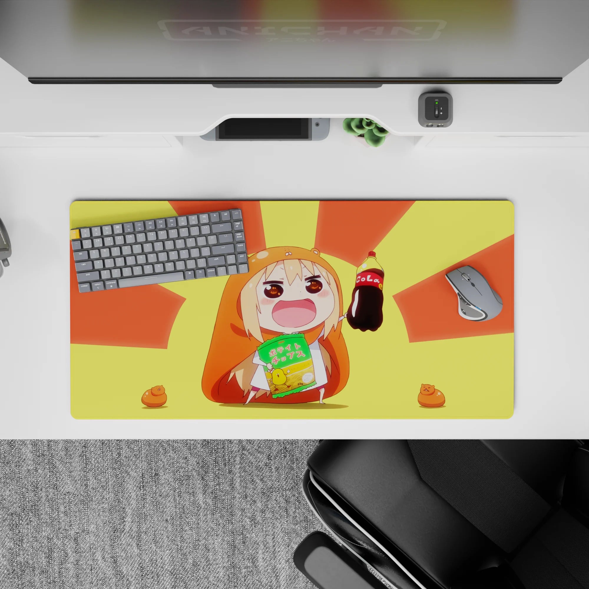 32x16 inches anime girl mouse pad in bright sunburst yellow and orange, warm happy energy for gaming.