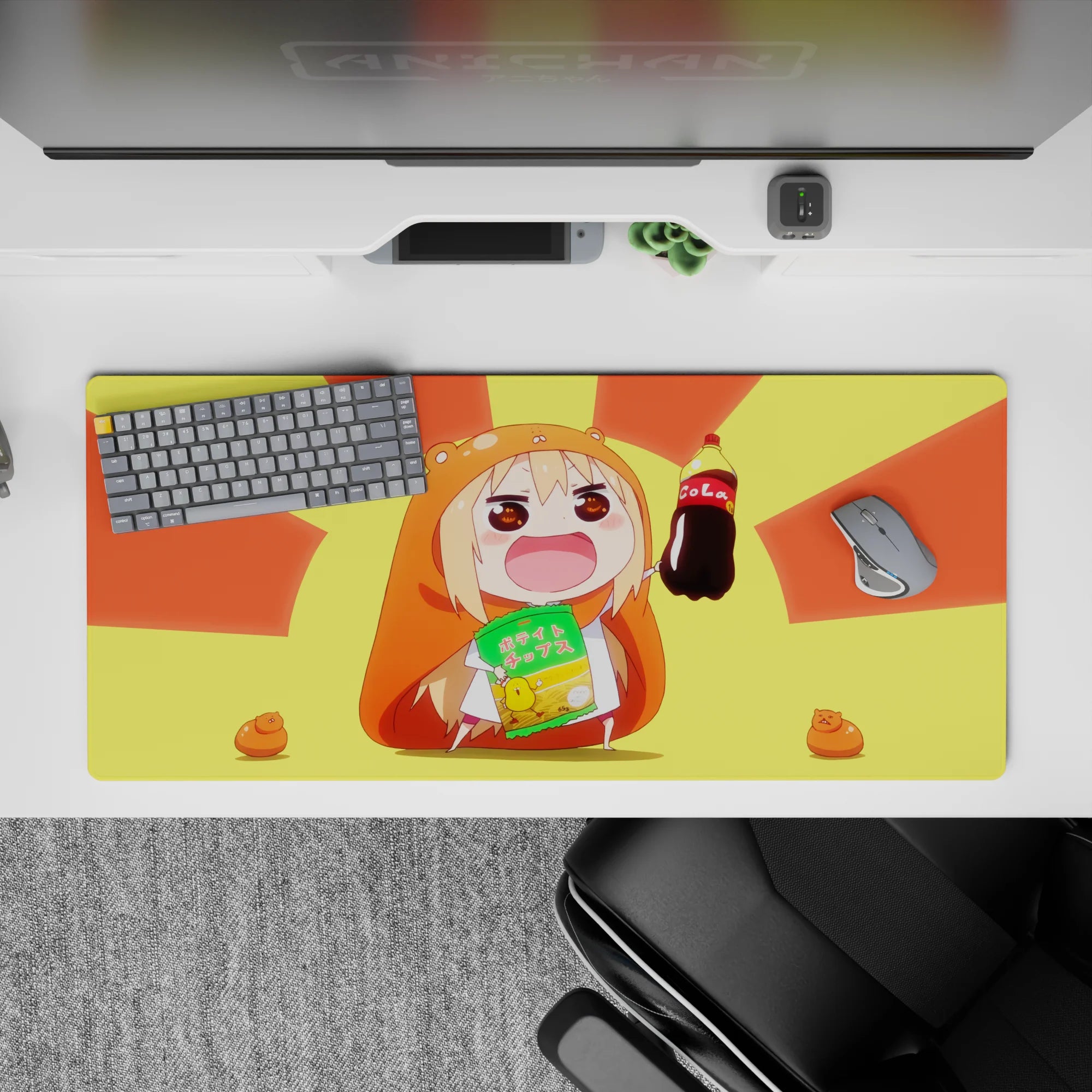 Sunny yellow-orange anime girl desk pad 36x16 inches, warm glow and playful happy gaming vibe.