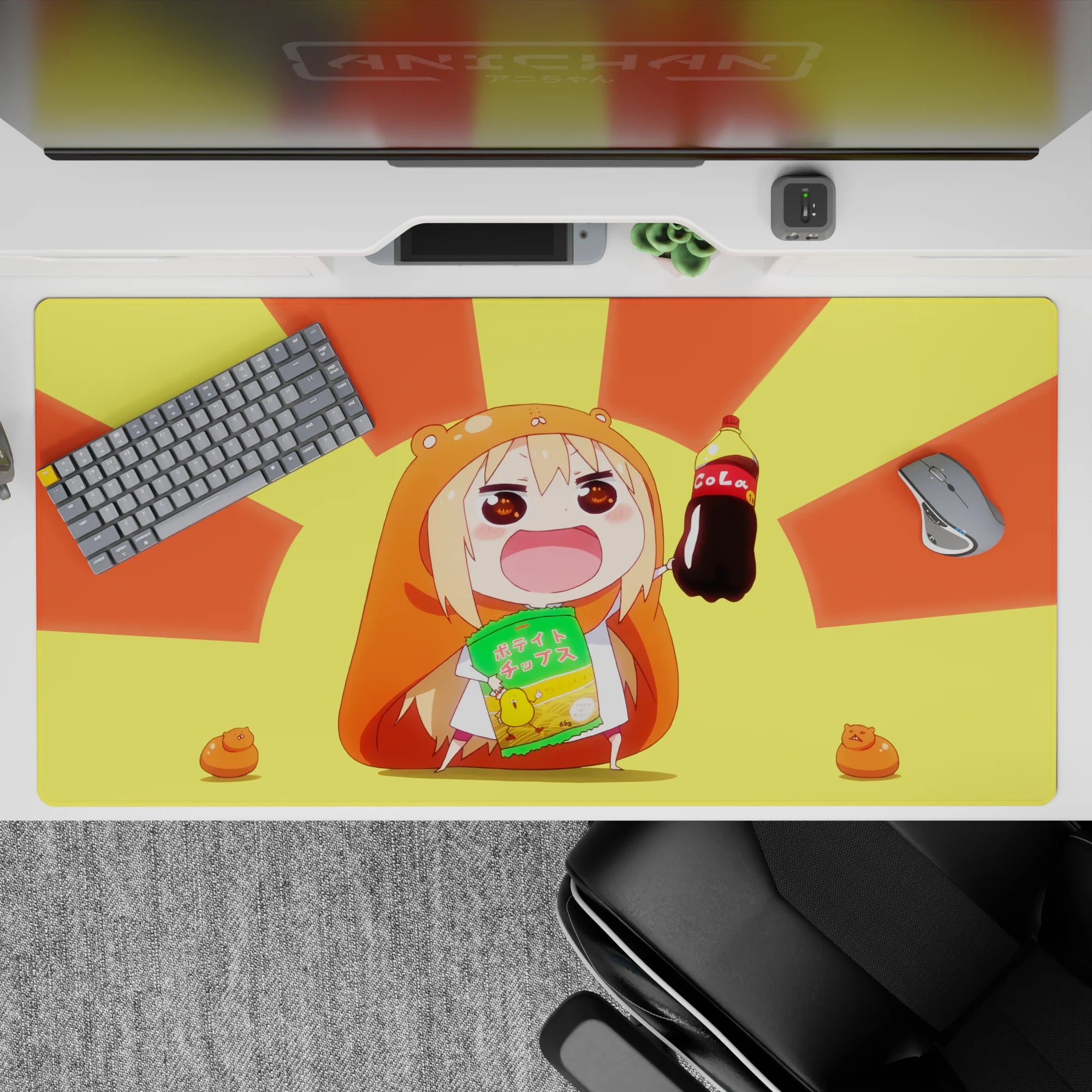 40x20 inches anime girl desk pad in bright yellow and orange, cheerful warm glow for gaming and work.