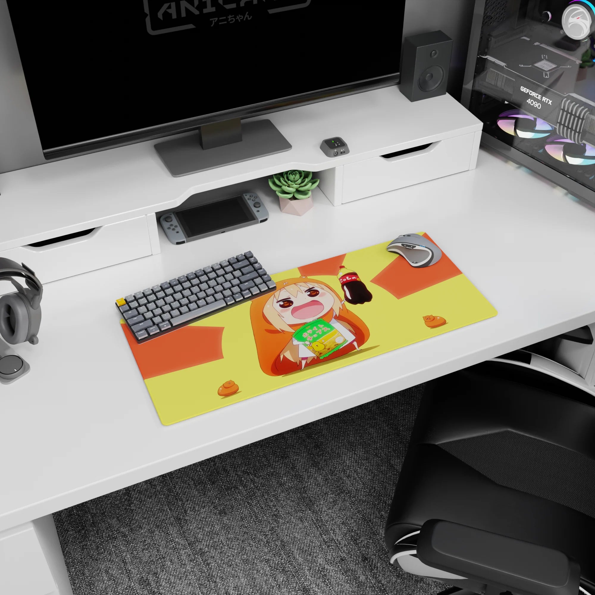 28x12 inches anime girl mouse pad showing rosy-cheek chibi in hamster hoodie holding soda and chips.
