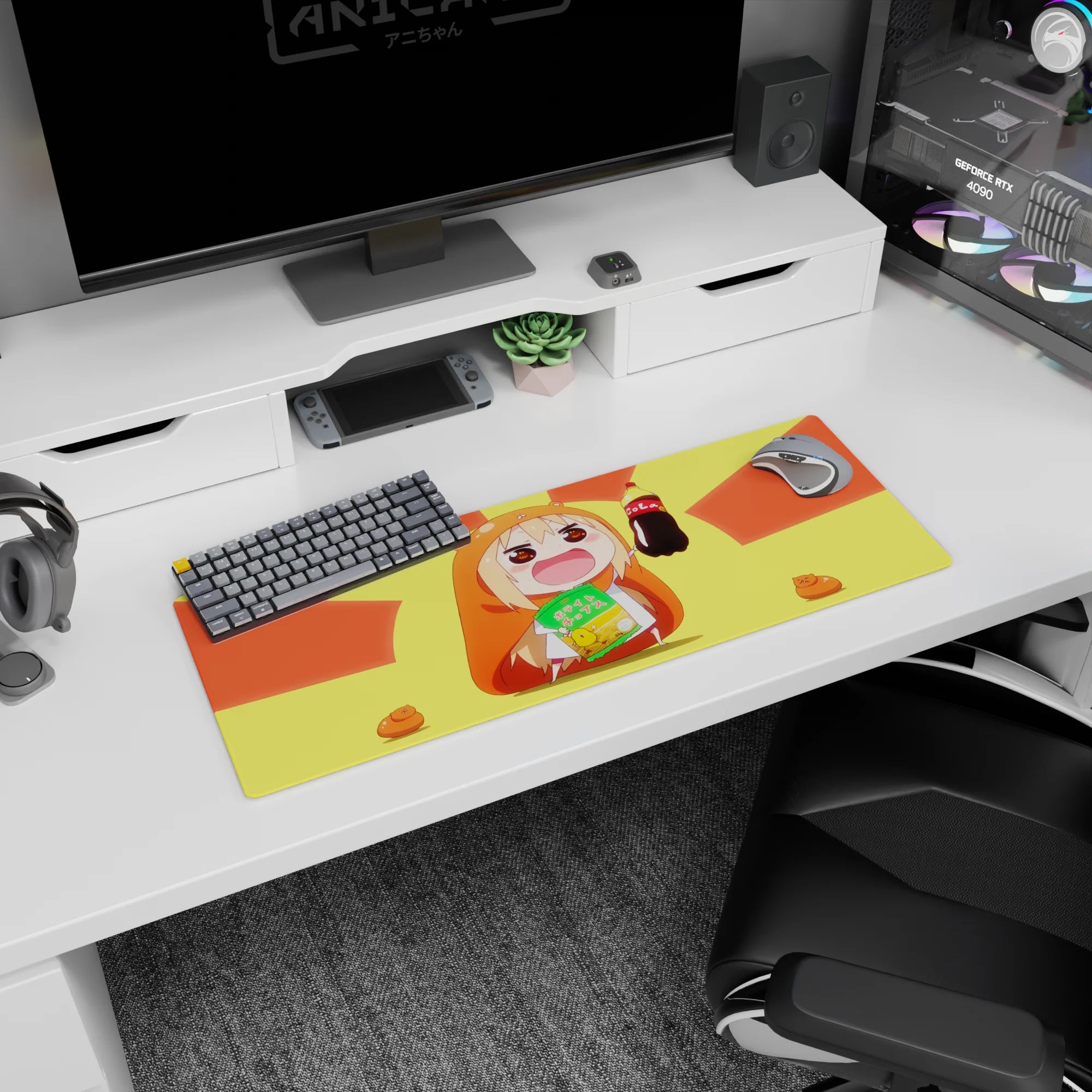 32x12 inches anime girl mouse pad showing rosy-cheek chibi in hamster hoodie holding soda and chips.