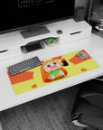 32x12 inches anime girl mouse pad showing rosy-cheek chibi in hamster hoodie holding soda and chips.