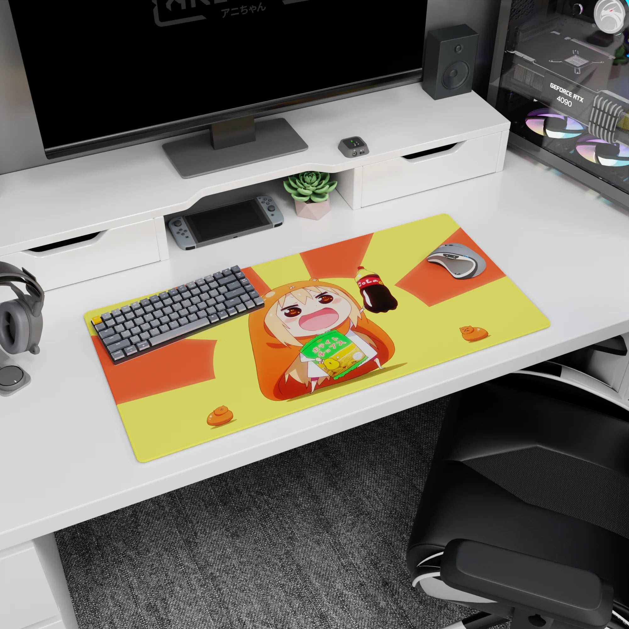 32x16 inches anime girl mouse pad showing rosy-cheek chibi girl in hamster hoodie holding soda and chips.