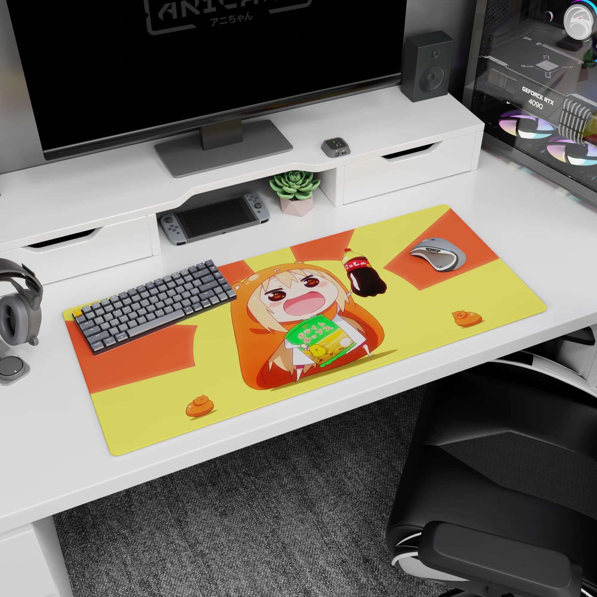 Chibi anime girl in hamster hoodie holding soda and chips on desk pad 36x16 inches, rosy cheeks.