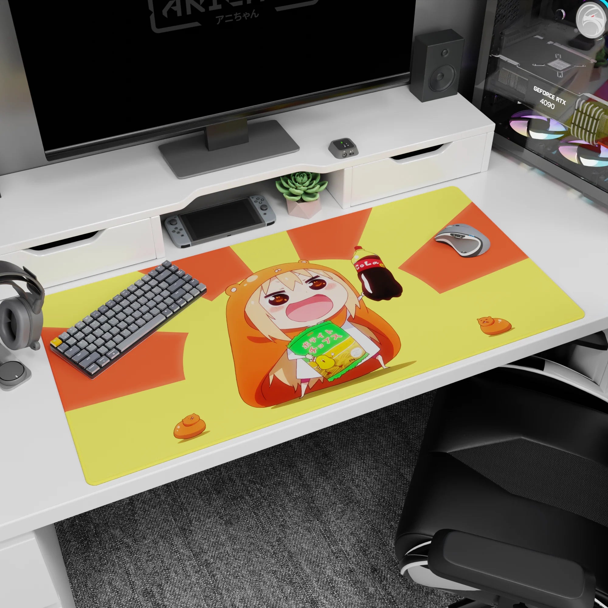 Chibi anime girl in hamster hoodie holding soda and chips on 40x20 inches desk pad, rosy cheeks grin.