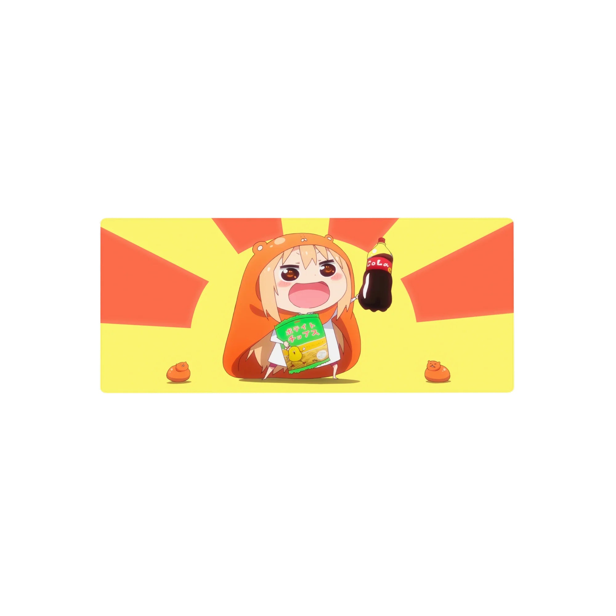 28x12 inches anime girl mouse pad with chibi hamster-hoodie girl, cola and chips, clean cute design.