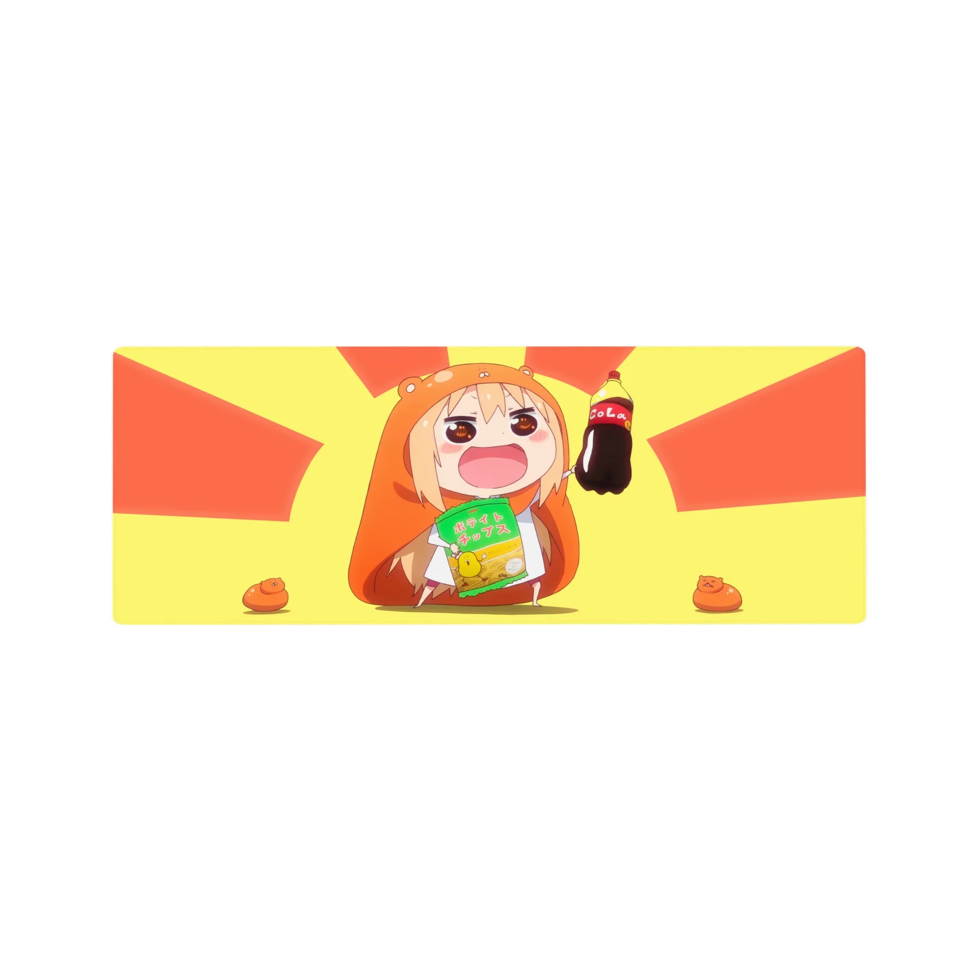 32x12 inches anime girl mouse pad with chibi hamster-hoodie girl, cola and chips, sunburst backdrop.
