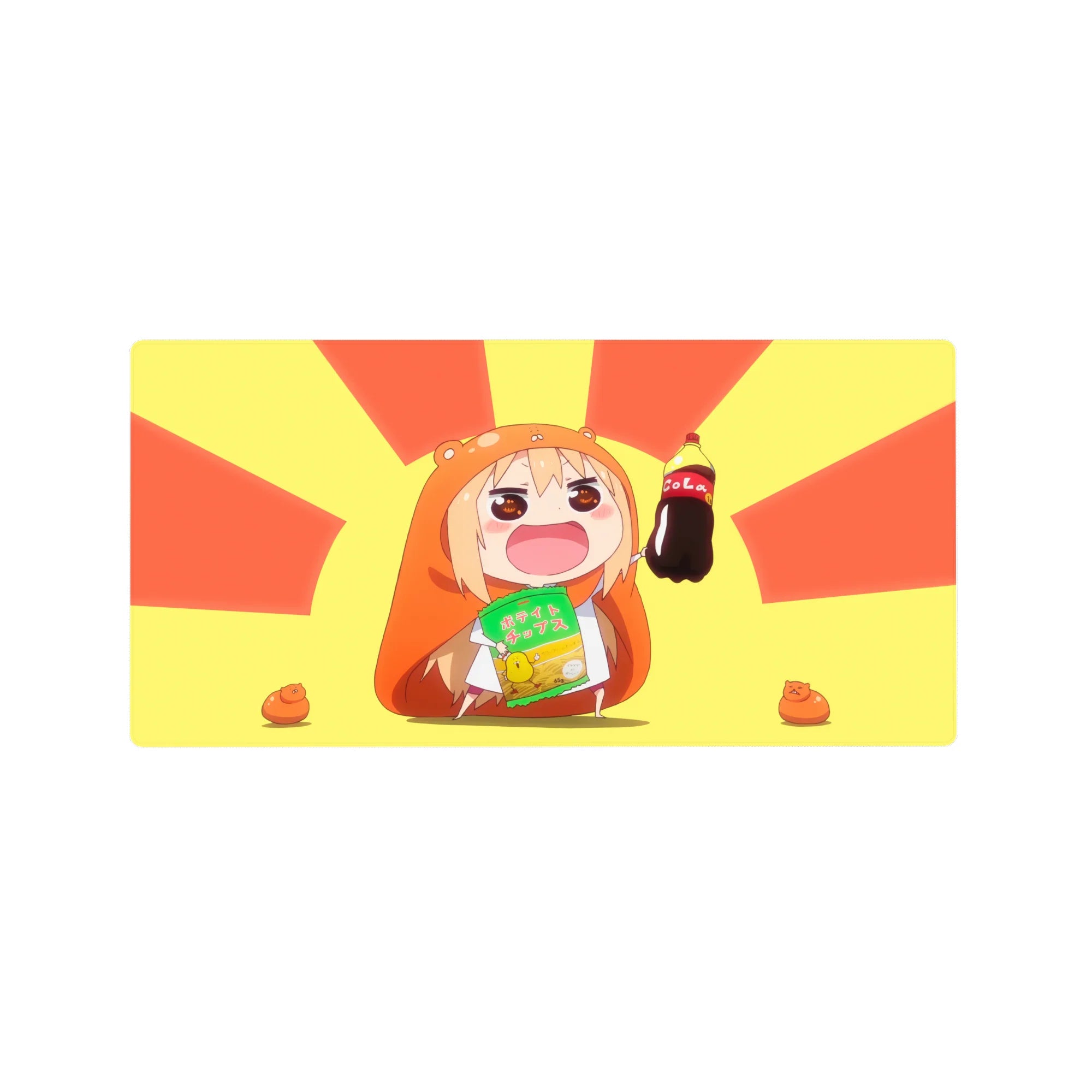 32x16 inches anime girl mouse pad with chibi hamster-hoodie girl, cola and chips, clean cute design.