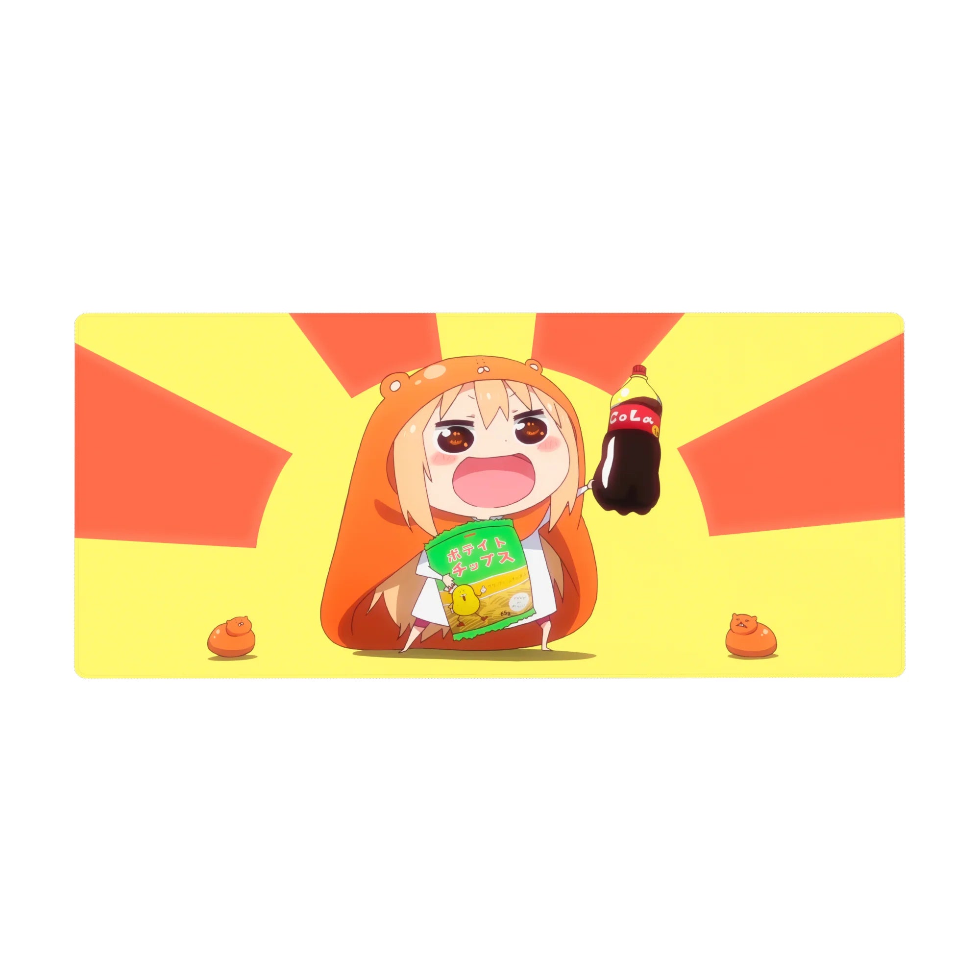 Anime girl desk pad 36x16 inches with chibi hamster-hoodie girl, cola and chips, clean cute art.