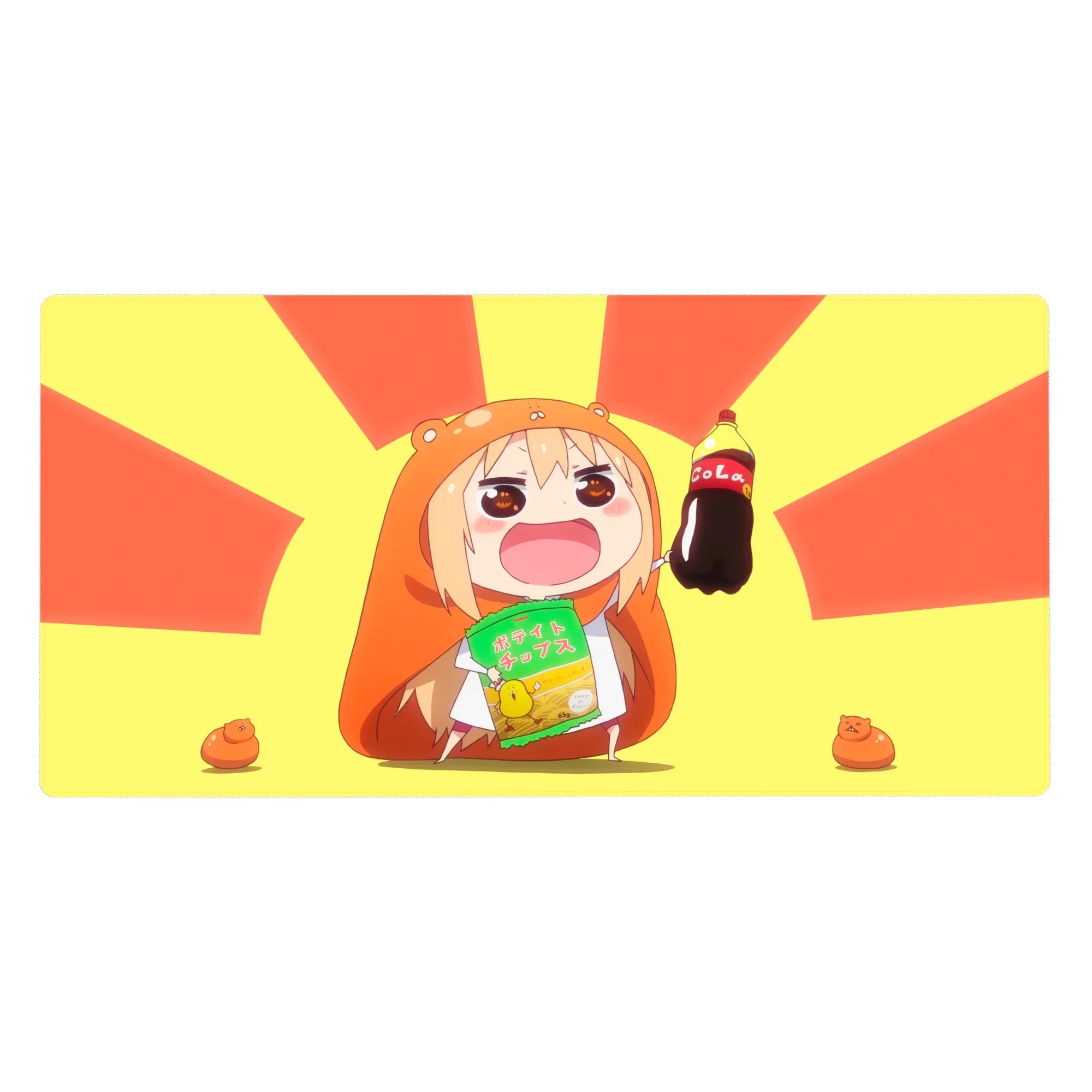 Anime girl desk pad 40x20 inches with chibi hamster hoodie girl, cola and chips, bold sunburst backdrop.