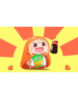 Anime girl desk pad 40x20 inches with chibi hamster hoodie girl, cola and chips, bold sunburst backdrop.