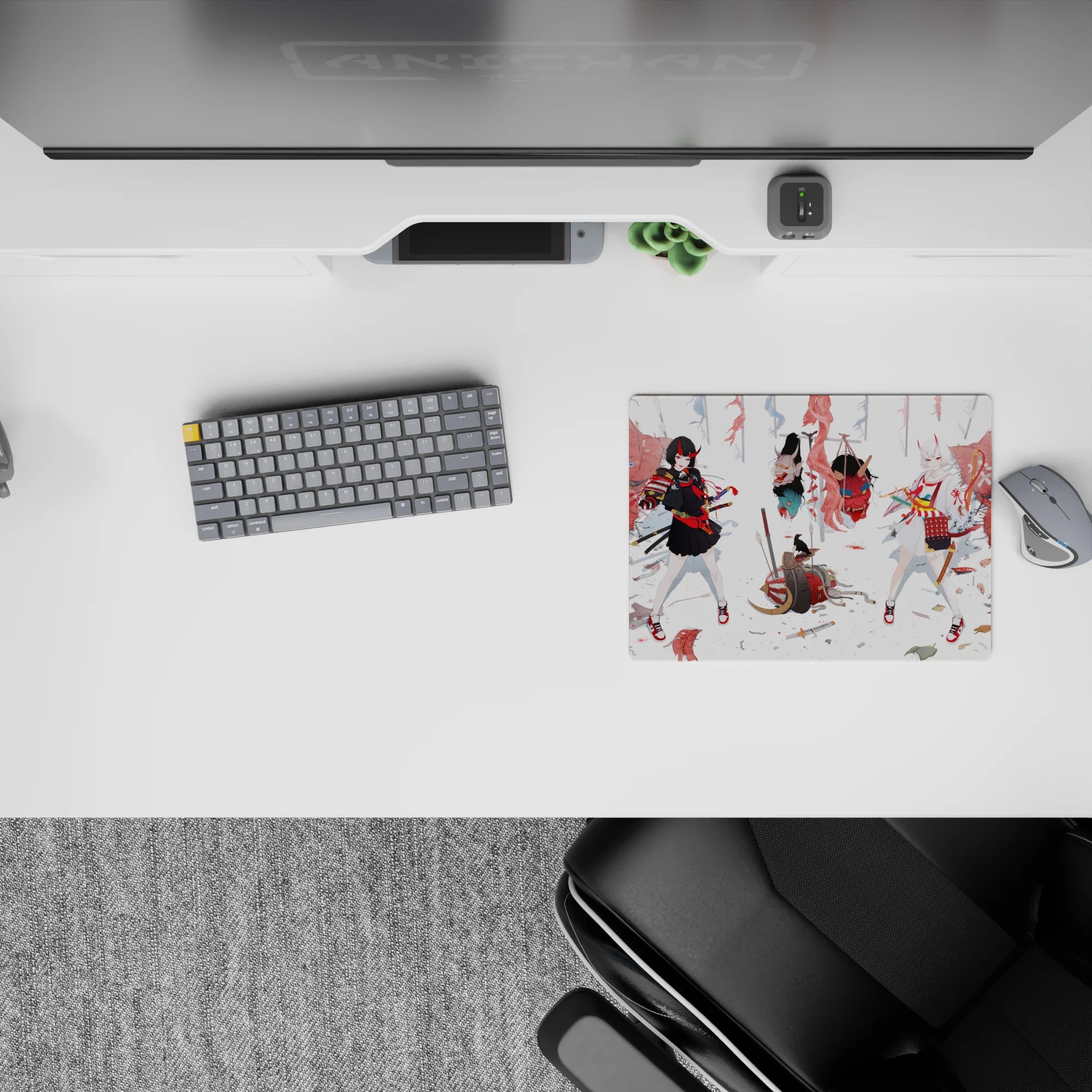 Anime girl mouse pad 14x10 inches in punchy reds, black and white, with a cool messy-sweet battle vibe.