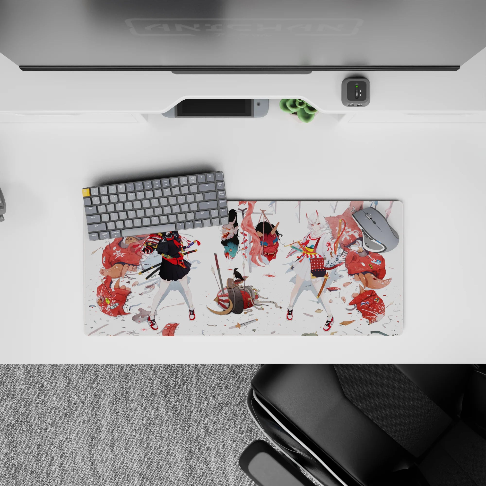 28x12 inches anime desk mat in black, white, and punchy reds with an ink-brush battlefield vibe.