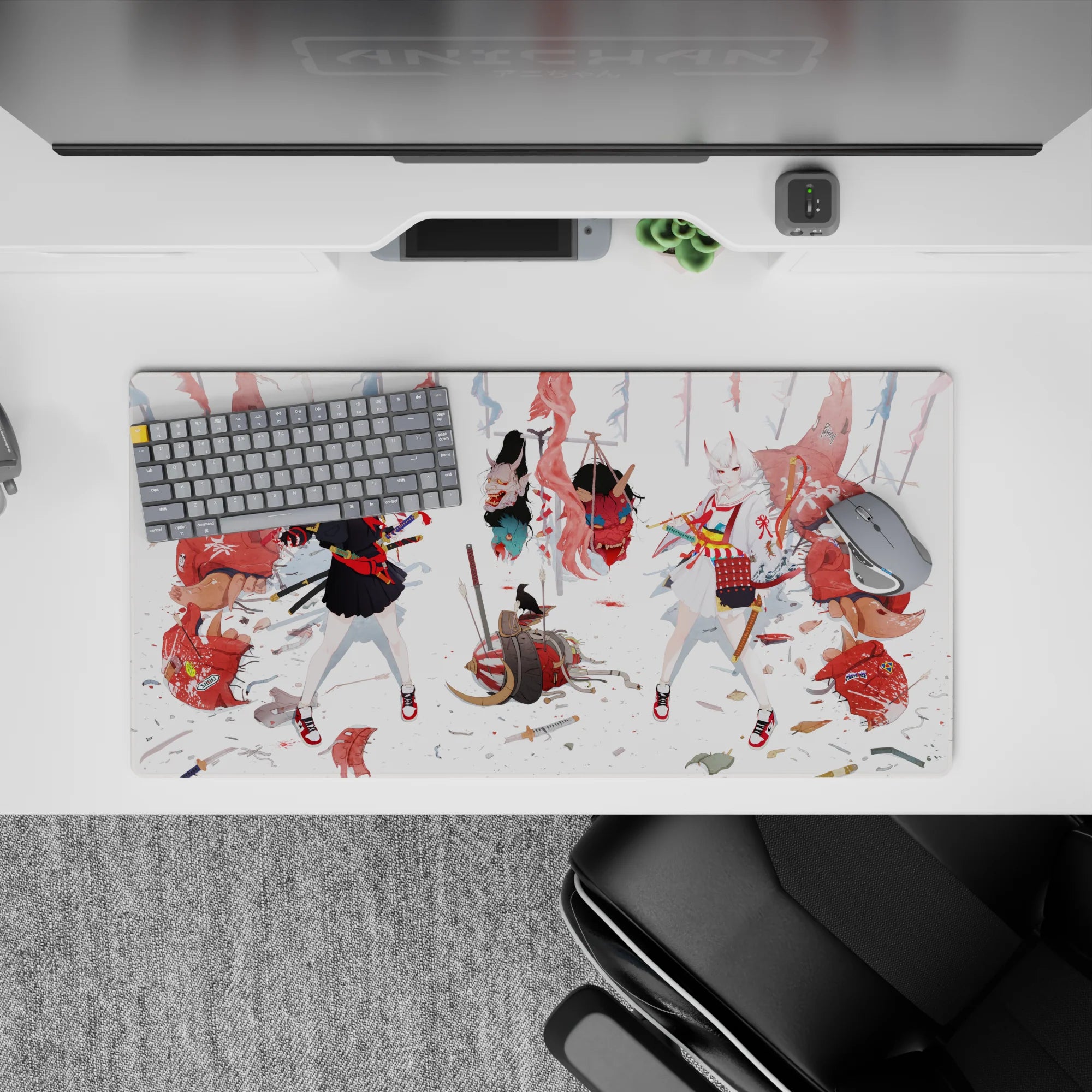 Red-black-white anime girl mouse pad 32x16 inches, punchy crimson accents and cool ink-wash battlefield mood.