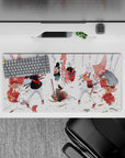 Red-black-white anime girl mouse pad 32x16 inches, punchy crimson accents and cool ink-wash battlefield mood.