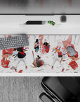 36x16 inches anime desk pad with punchy reds, black-and-white outfits, and ink-brush battlefield vibe.