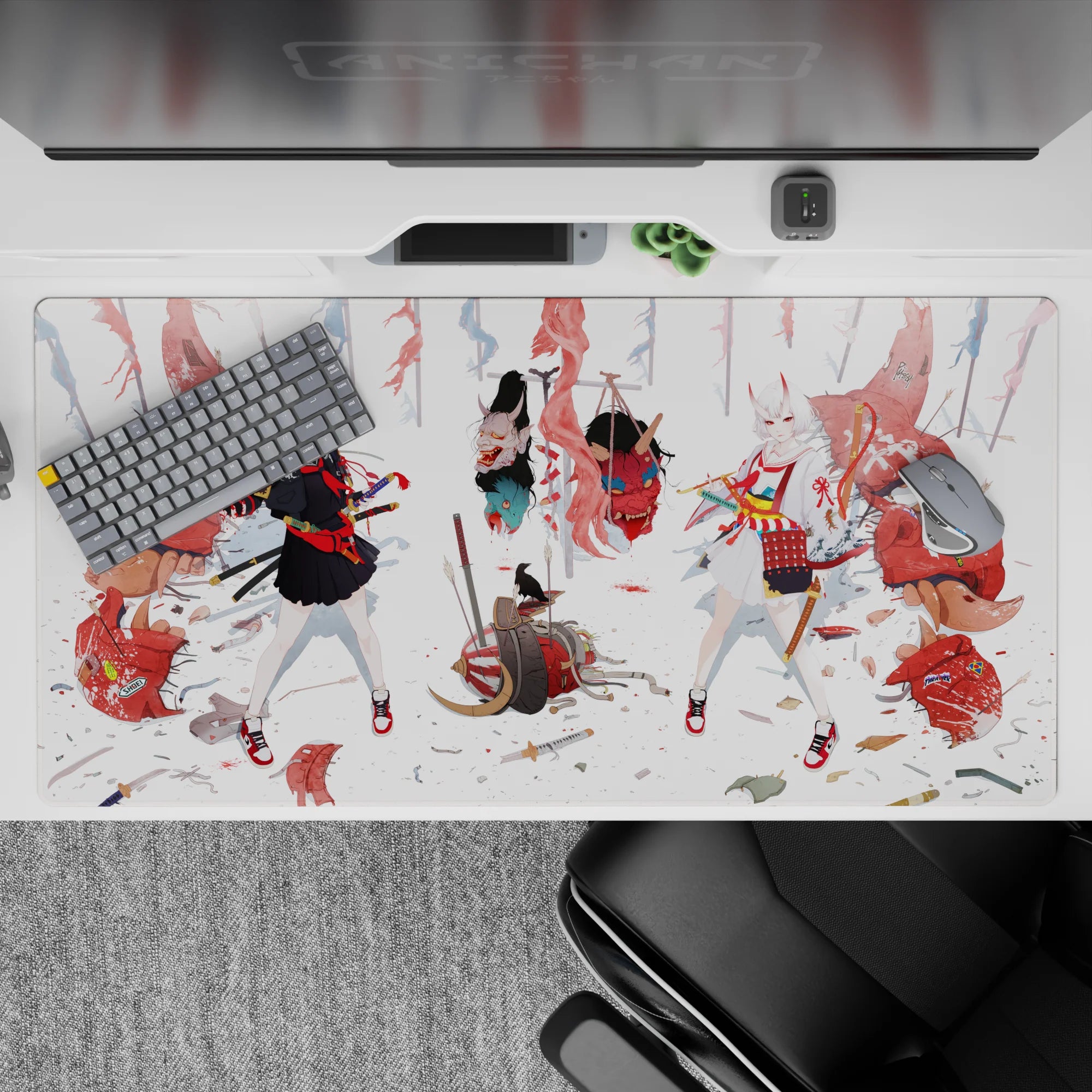 40x20 inches anime girl desk pad in black, white, and punchy reds with an ink-brush battlefield vibe.