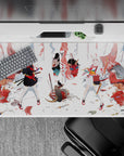 40x20 inches anime girl desk pad in black, white, and punchy reds with an ink-brush battlefield vibe.