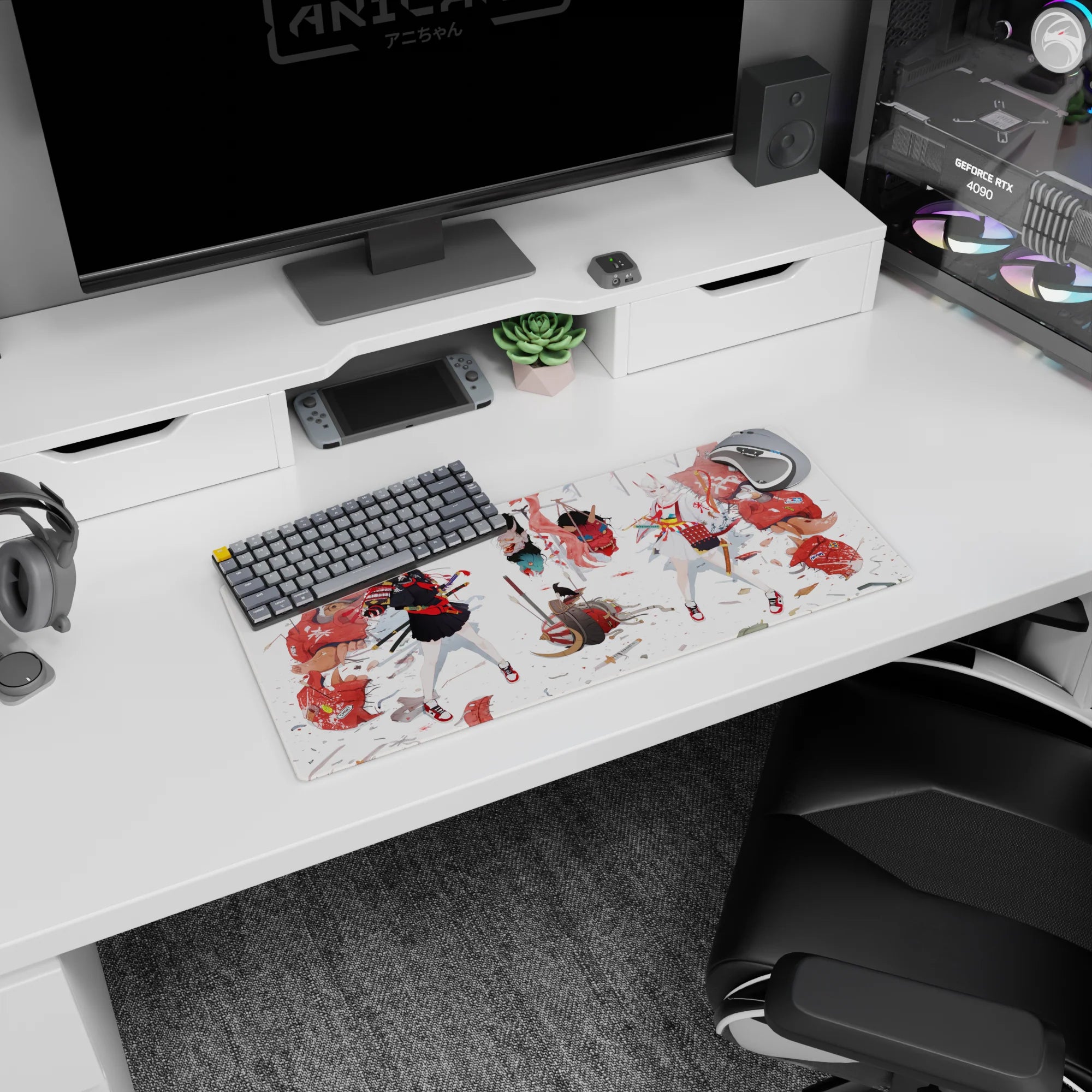 28x12 inches anime mouse pad showing a cocky fox-eared duo, hands on katanas amid scattered gear.