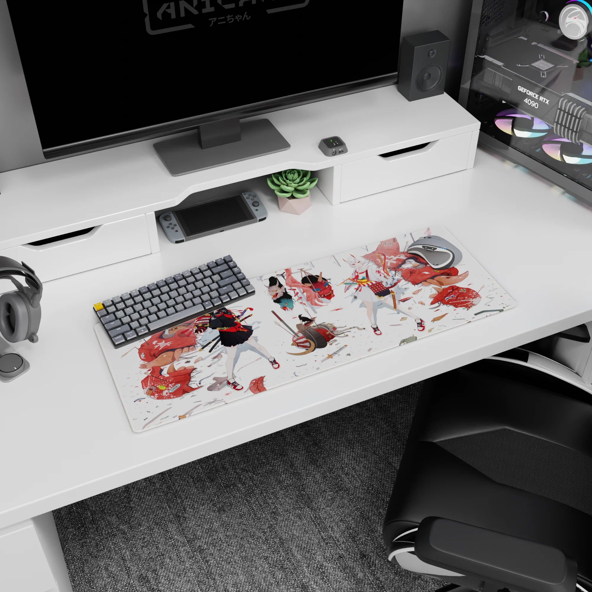 32x12 inches anime girl mouse pad showing twin fox-eared katana girls, black armor vs white robes.
