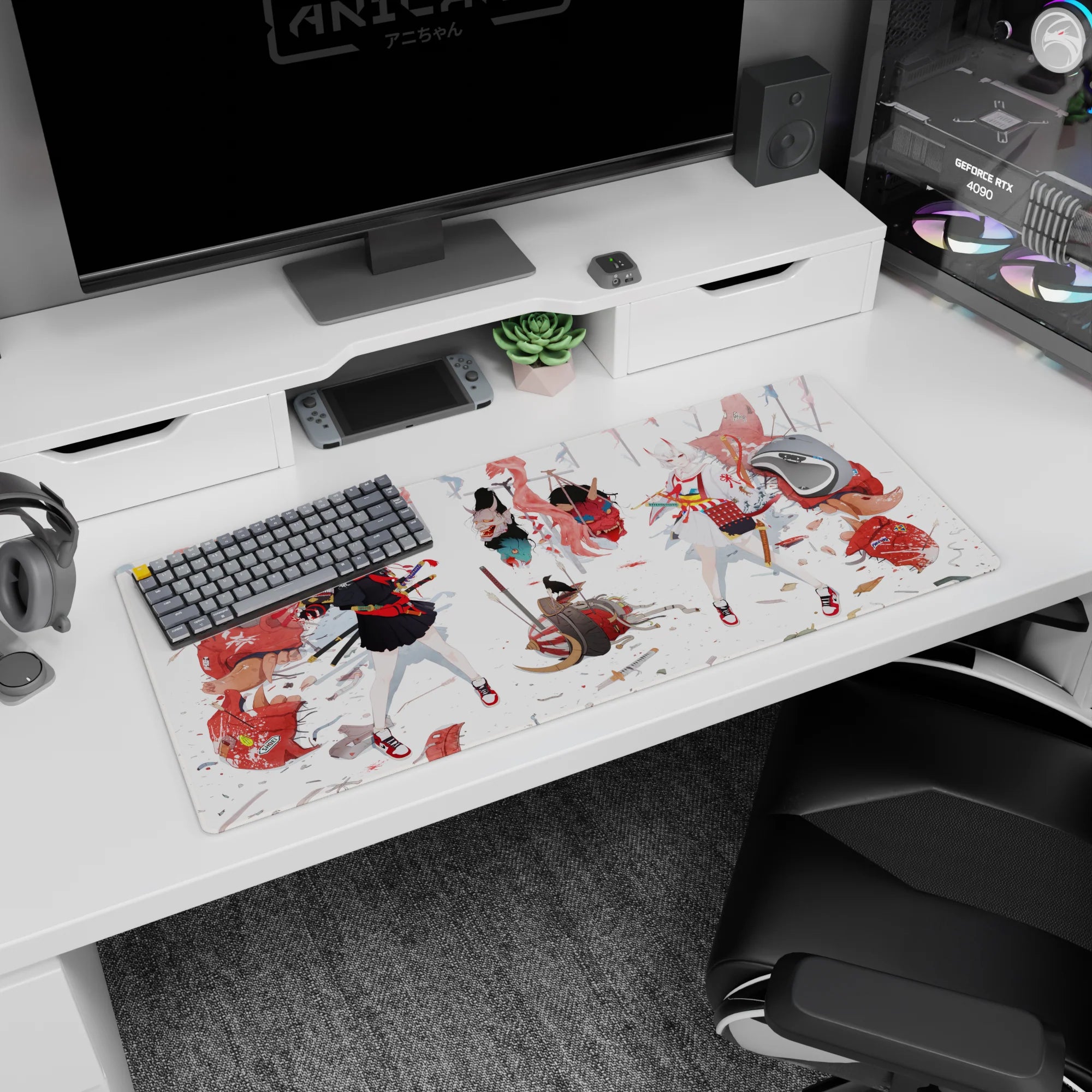 36x16 inches anime girl desk pad featuring a black-clad and white-robed fox-eared duo with katanas.
