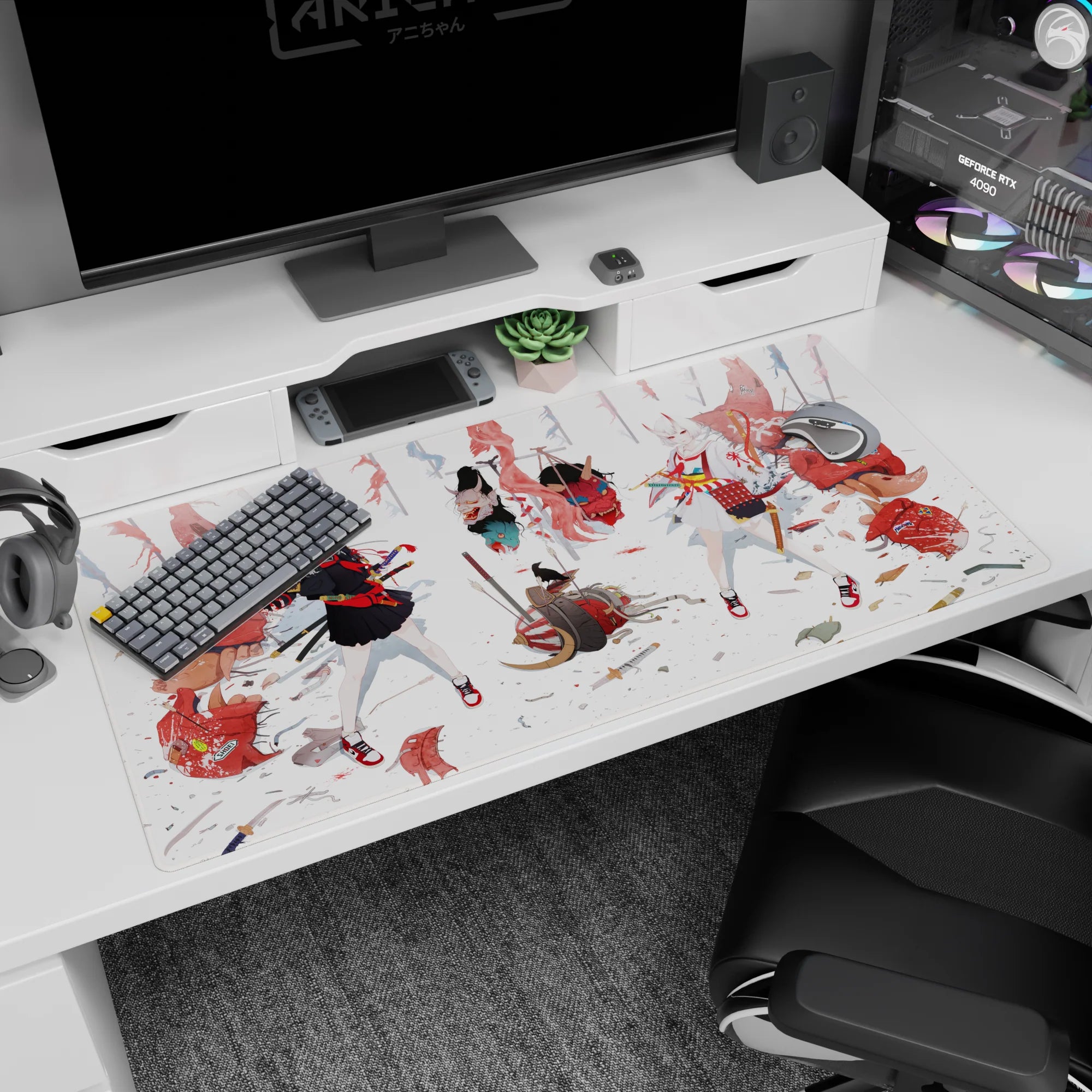 40x20 inches desk pad showing two fox-eared anime girls, one in black armor, one in white robes, poised by katanas.