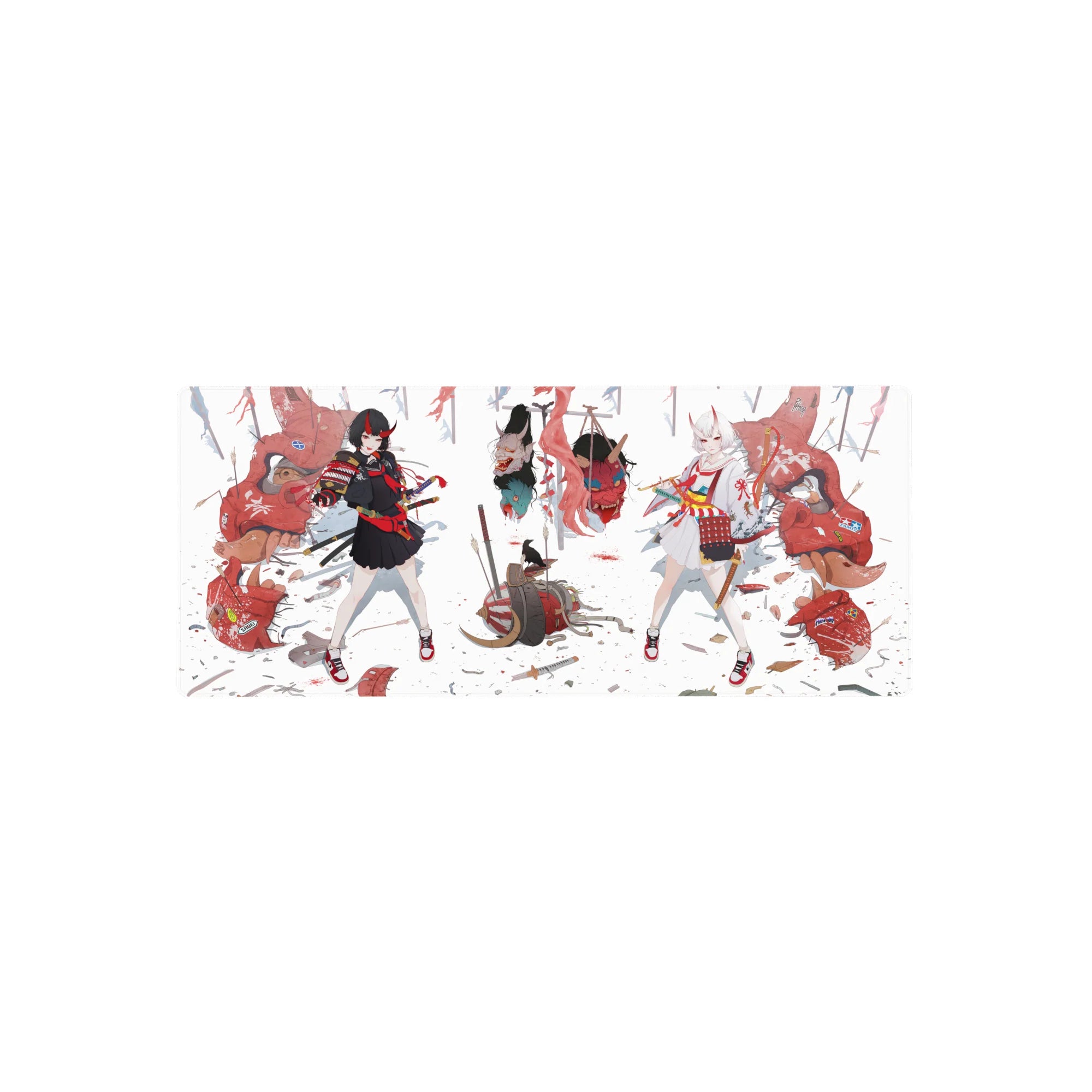 28x12 inches anime girl mouse pad with two fox-eared swordswomen, masks, ribbons, and katana accents.