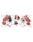Anime girl mouse pad 32x12 inches with two fox-eared swordswomen, masks, ribbons, and scattered gear.