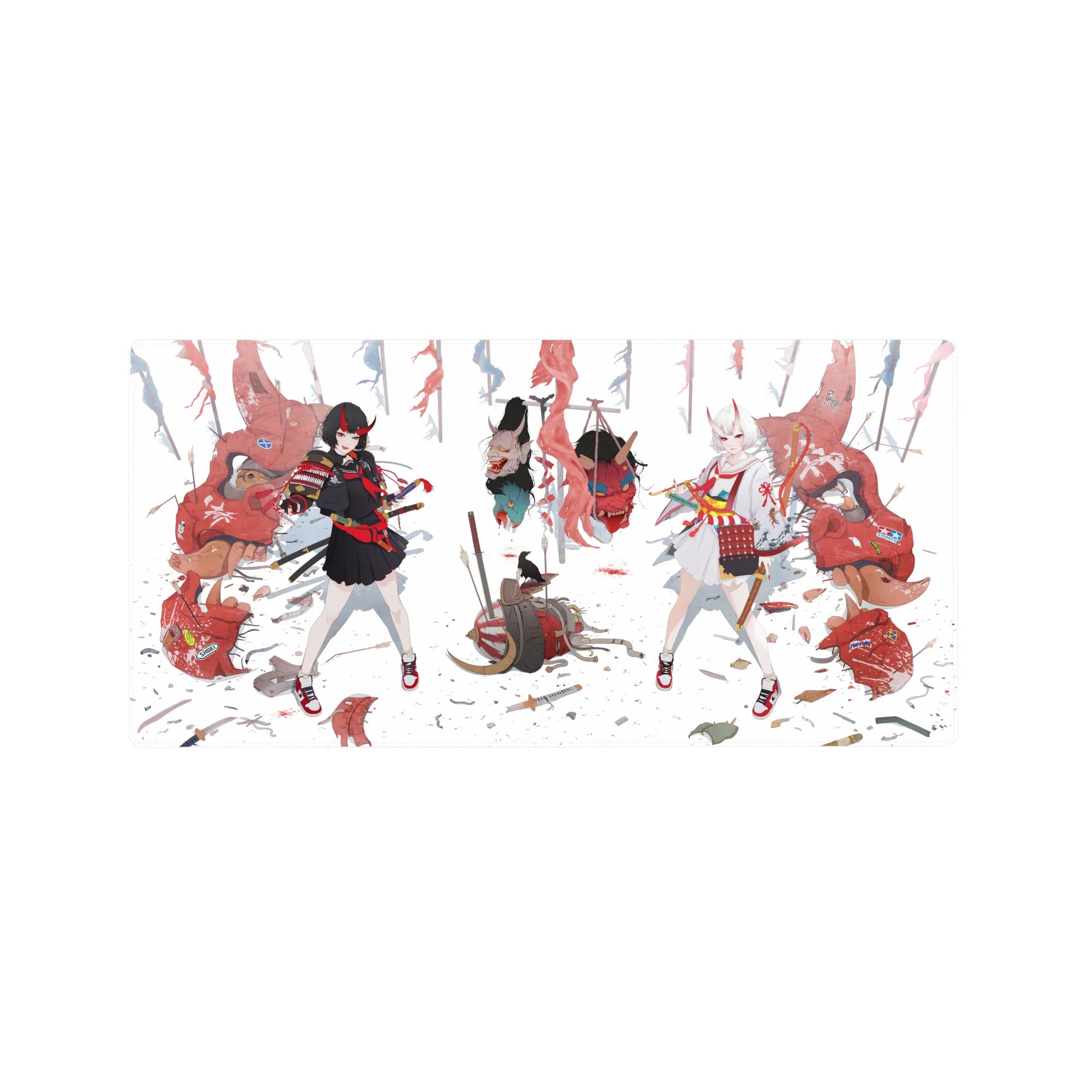 Anime girl mouse pad 32x16 inches with two fox-eared samurai, katanas, masks, ribbons, ink-brush art.