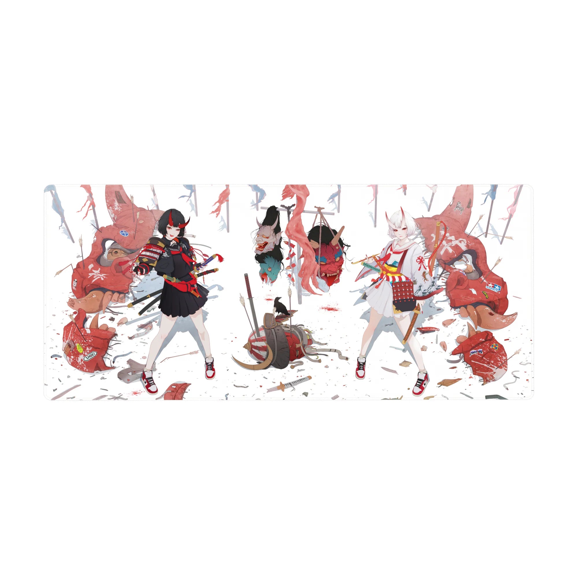 Anime girl desk pad 36x16 inches with two fox-eared samurai girls, red masks, ribbons, and gear.