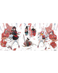 Anime girl desk pad 36x16 inches with two fox-eared samurai girls, red masks, ribbons, and gear.