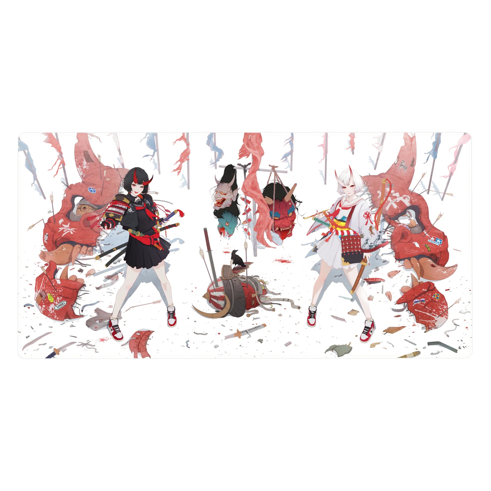 Anime girl desk pad 40x20 inches with two fox-eared samurai girls, masks, ribbons, and katana accents.