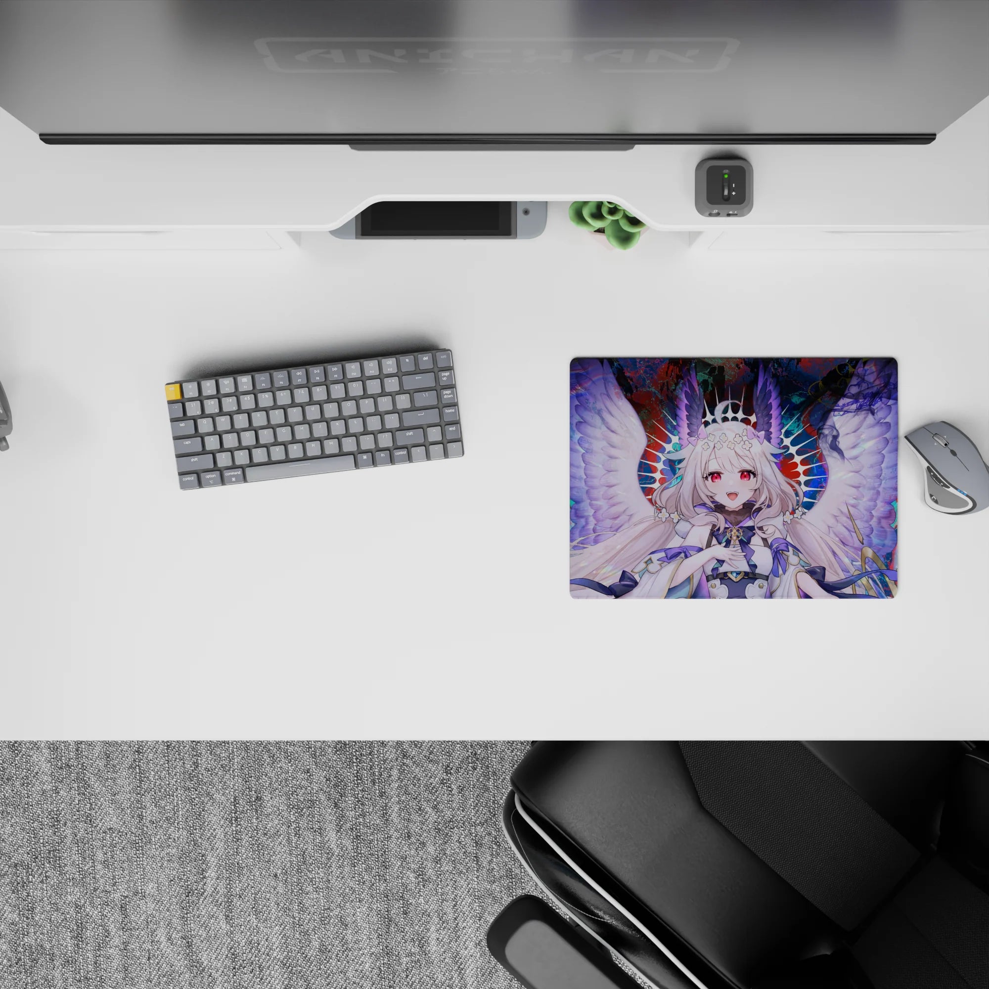 Vibrant anime mouse pad 14x10 inches in crimson, teal, and midnight splash with pink-eyed angel vibe.