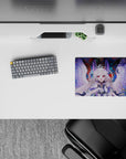 Vibrant anime mouse pad 14x10 inches in crimson, teal, and midnight splash with pink-eyed angel vibe.