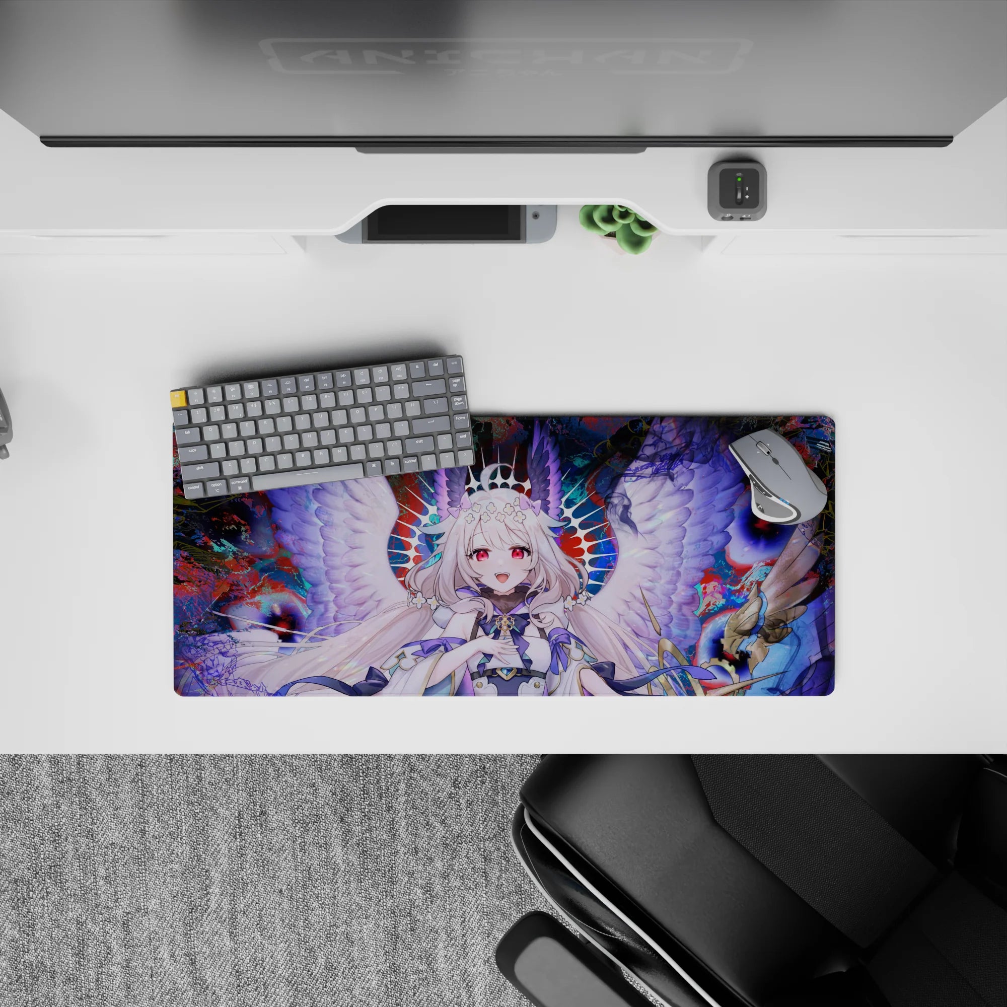 28x12 inches anime mouse pad in crimson, teal, and midnight tones with dreamy cute-power vibe.
