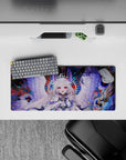 28x12 inches anime mouse pad in crimson, teal, and midnight tones with dreamy cute-power vibe.