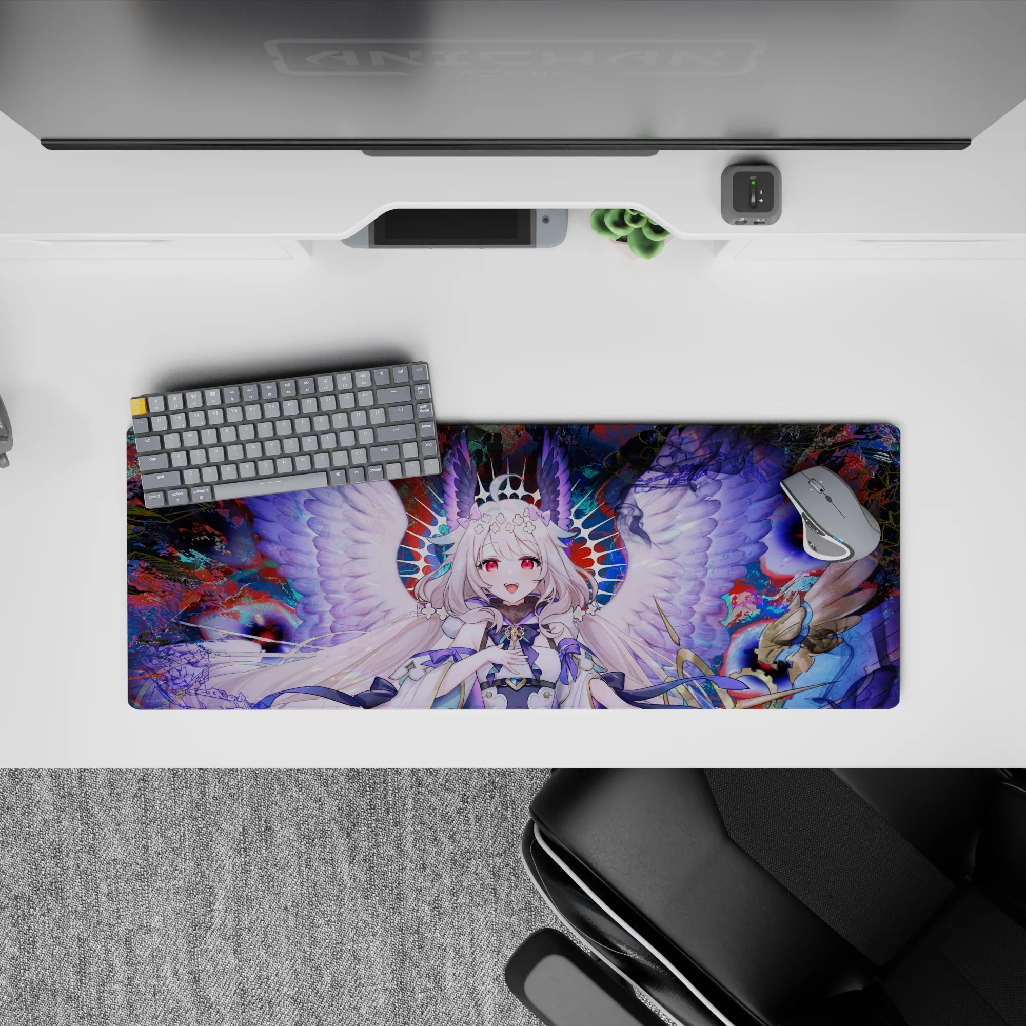 32x12 inches anime mouse pad in crimson, teal, and midnight with dreamy cute-powerful vibe.