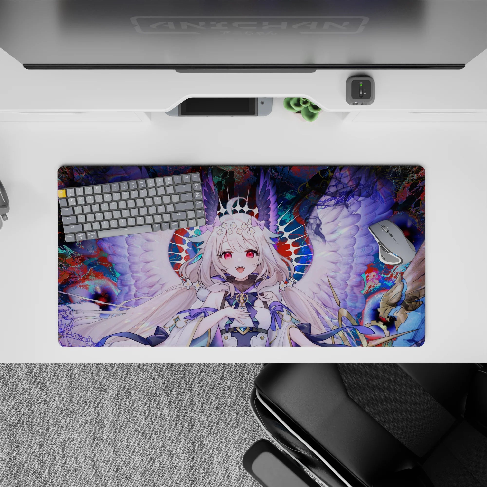 32x16 inches anime girl mouse pad in crimson, teal, midnight splashes with dreamy pastel lavender glow.
